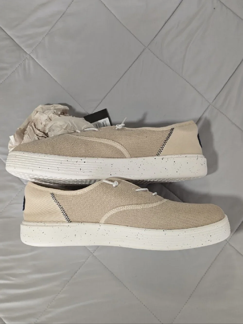Hey Dude Men's Beige Canvas Boat Shoes with White Laces